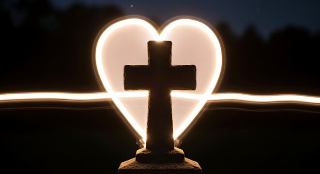 Glowing heart and cross silhouette in soft light against a dark background