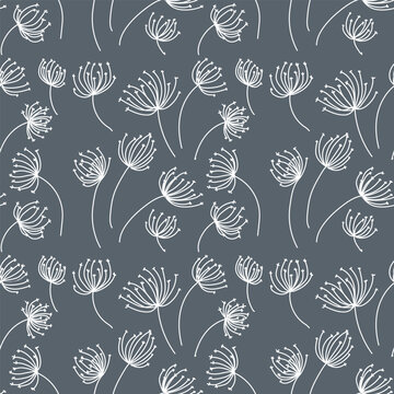 Seamless pattern with hand drawn dandelion seeds in black line art on dark background. For wallpaper, textile