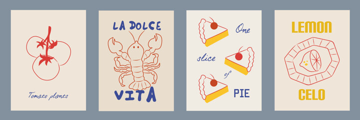 Fototapeta premium Hand drawn la dolce vita doodles. Wall art with lobster, lemon, seafood, pie. Minimalist line art. Set of mediterranean concept vector illustration for invitations, printables, social media, poster.