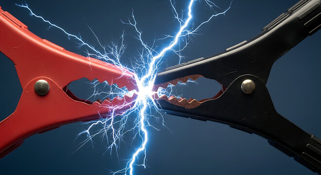 Jumper Cables Connecting and Generating Sparking Electricity with Blue Energy Arcs