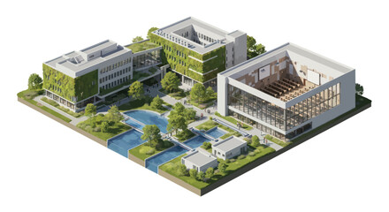 Obraz premium Modern Green Architecture Campus with Water Features and Lush Vegetation