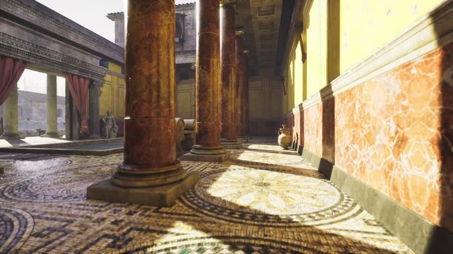Courtyard lined with amphorae and mosaic paving, weathered marble columns and sunlit thresholds, traces of commerce and storage suggesting ancient mercantile