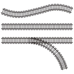Fototapeta premium Thin line railway track icon set, curved and straight railroad rails, minimal transport vector