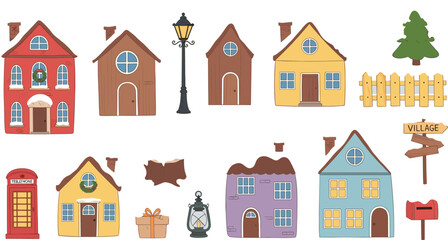 Fototapeta premium Cute village houses vector set with colorful cottages, street lamp, fence, mailbox and trees, charming small town buildings collection for neighborhood maps, storybook illustrations and design