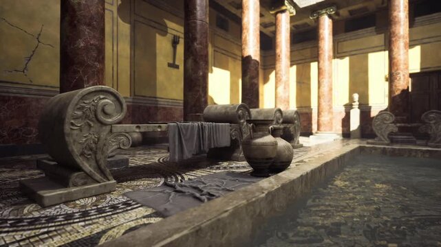 Sunlit architectural detail with carved volute and amphora textured stone, folded linens, warm ochre walls, intimate focus on craftsmanship and material patina