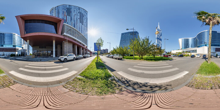 360 hdri seamless panorama on pedestrian path among the skyscrapers under construction in sunny morning in big city in equirectangular spherical projection, ready AR VR virtual reality content