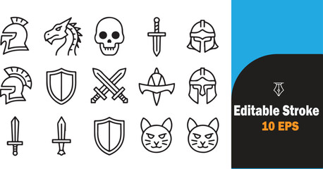 Set of editable stroke icons featuring fantasy medieval and animal symbols isolated transparent background