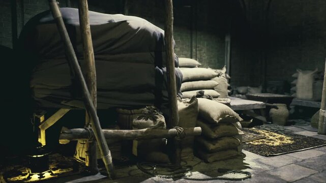 Rowed sacks stacked by wooden beams, grain piles and narrow walkway suggest careful seasonal storage and heritage food preservation practice.