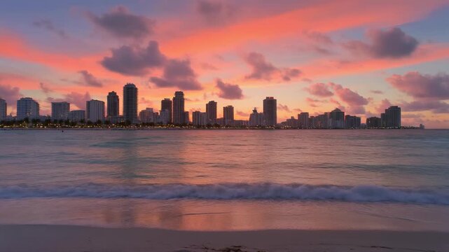 City skyline at miami beach sunset by water.