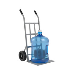 Fototapeta premium Water cooler bottle on hand truck dolly, large plastic jug for office or home, liquid transport equipment, hydration supply delivery service