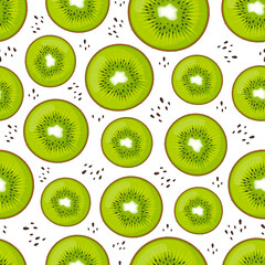 Fototapeta premium Seamless pattern with green kiwi slices and seeds. Tropical fruit vector illustration on white background