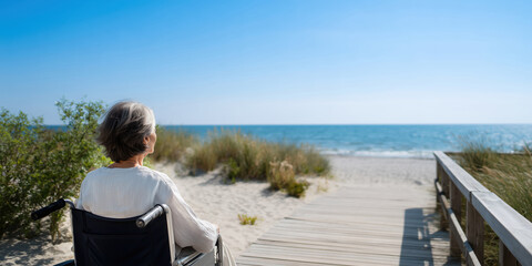 Fototapeta premium Active senior woman in wheelchair enjoying seaside boardwalk. Active lifestyle concept