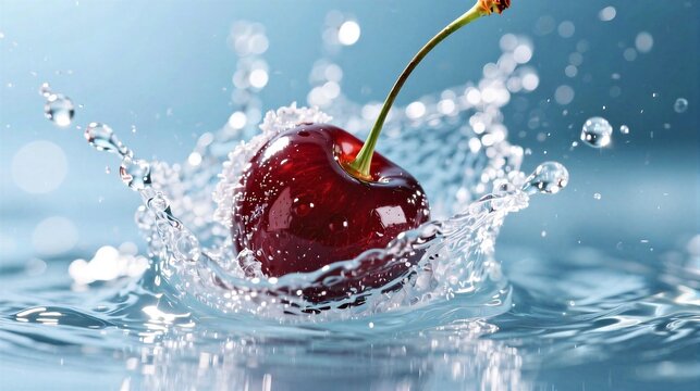 cherry splash in water frozen motion bright light macro detail clean commercial stock photo