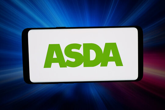Stuttgart, Germany - 03-02-2026: In this photo illustration, the logo of supermarket company Asda Stores Limited is displayed on a smartphone in front of abstract background on computer screen.