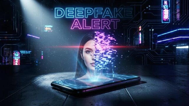 Deepfake alert neon warning smartphone hologram of fragmented digital face with glitch pixel dispersion, cyberpunk neon city, holographic matrix split face, urgent warning atmosphere