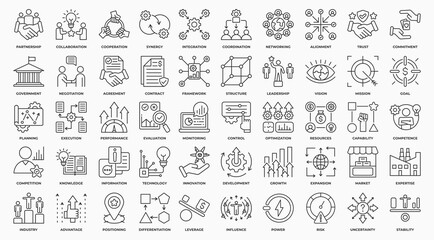 Strategy Alliance icon set collection in outline style. an icon pack contain partnership, collaboration, trust, agreement, integration, coordination, government, resources. Simple Vector Illustration.