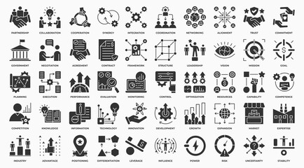 Strategy Alliance icon set collection in glyph style. an icon pack contain partnership, collaboration, trust, agreement, integration, coordination, government, resources. Simple Vector Illustration. © RiskiAyu
