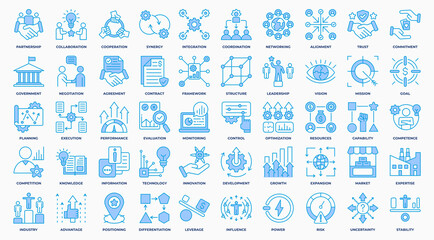 Strategy Alliance icon set collection in blue style. an icon pack contain partnership, collaboration, trust, agreement, integration, coordination, government, resources. Simple Vector Illustration.