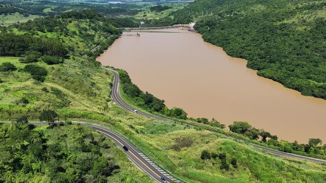 Euclides Da Cunha Reservoir Of Sao Jose Do Rio Pardo In Sao Paulo Brazil. Power Plant. Water Dam Landscape. Nature Skyline. Euclides Da Cunha Reservoir At Sao Jose Do Rio Pardo Sao Paulo Brazil. 