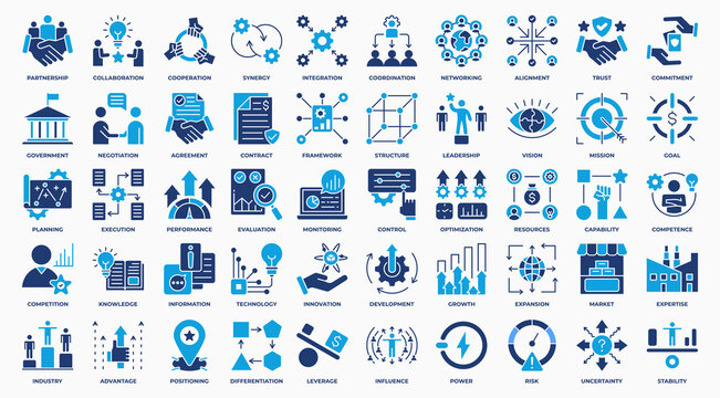 Strategy Alliance icon set collection in solid style. an icon pack contain partnership, collaboration, trust, agreement, integration, coordination, government, resources. Simple Vector Illustration.