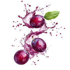 Naklejka premium Fresh plum fruits with juicy splash, isolated on transparent cutout background