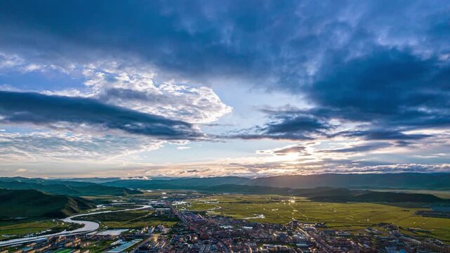 Aerial Valley Sunrise with River and Mountain Landscape