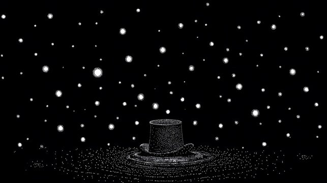 Intricately designed vintage black tophat outline with scattered white circles conveying arcane magical energy in a surreal artistic performance