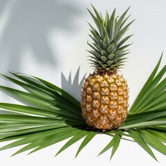 Obraz premium Ripe Pineapple Resting on Green Palm Leaves with Bright White
