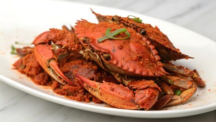 Spicy chili crab appetizer served on a white oval plate, garnished with fresh green onions, overhead studio shot.