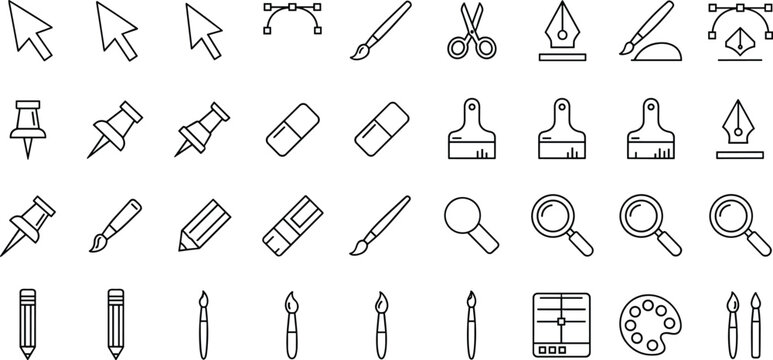 Graphic design tools line icon set with cursor, pen tool, brush, pencil, scissors, ruler, palette and creative software vector illustration