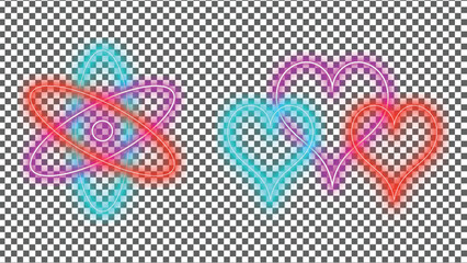 Vibrant neon love hearts and atomic symbol light glow design with transparent background © jkroydesign.bd