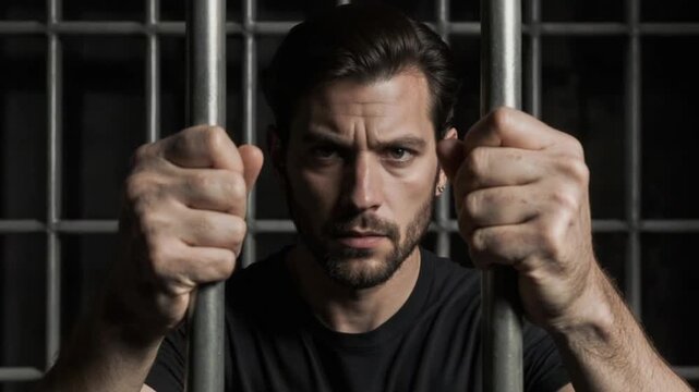 Intense Man Behind Bars Expressing Confinement and Determination