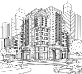 Obraz premium A vintage black and white vector illustration featuring a hand-drawn sketch of a Parisian city street with old urban buildings and classic architecture design