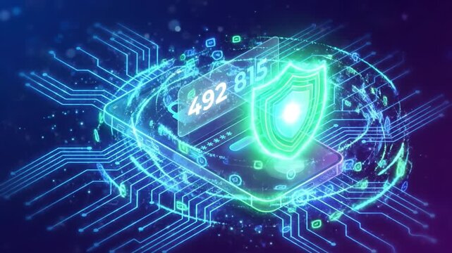 Secure mobile payment concept with glowing shield and numeric passcode floating above smartphone surrounded by circuit lines and holographic data conveying digital encryption security and secure
