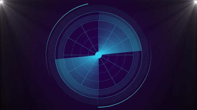 Futuristic blue radar screen interface with spotlight beams on dark background for tech and data visualization projects