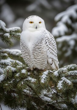 Snowy Owl Perched on Snow Covered Evergreen Branch in Winter Forest