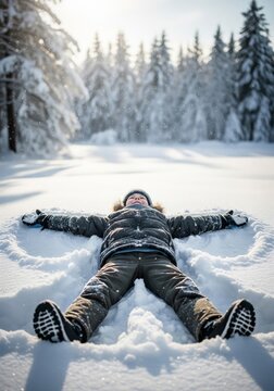 Child Making Snow Angel in Forest During Winter Sunlight