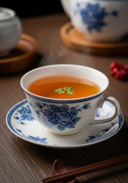 Steaming Hot Tea in Floral White and Blue China Cup on Wood Table