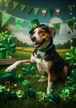 Happy Dog Wearing Green St Patrick's Day Hat on Grass with Shamrocks