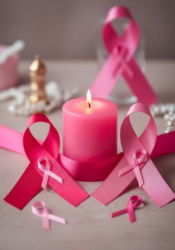 Pink Breast Cancer Awareness Ribbons and Candle on Beige Tabletop