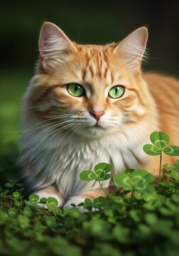 Close Up Portrait of Ginger Cat with Green Eyes in Clover Patch