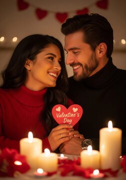 Smiling Couple Holding Valentine's Day Heart Surrounded by Candles