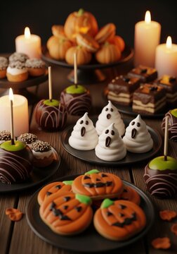 Halloween Treats on Wooden Table with Lit Candles and Dark Plates