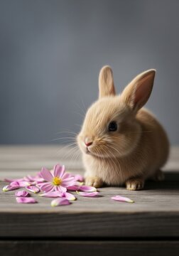 Tan Rabbit With Pink Flower Petals on Wooden Table Top