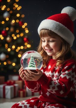 Smiling Girl in Santa Hat Holding Snow Globe with Christmas Tree