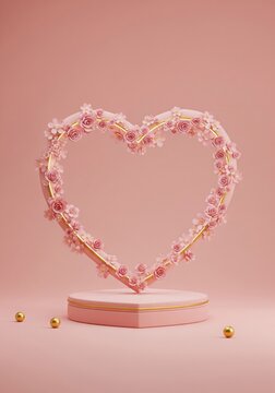 Pink Heart Shaped Frame Adorned with Roses on Matching Pedestal