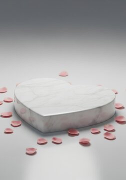 Marble Heart Pedestal with Scattered Pink Petals on Soft Gray
