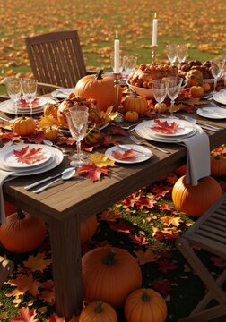 Fall Harvest Table Setting with Pumpkins and Maple Leaves Outdoors