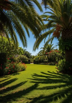 Lush Green Garden with Palm Trees and Red Flowers