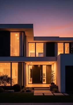 Modern White Two Story House with Evening Glow and Warm Interior